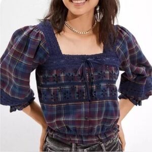 American Eagle plaid crop top festival pouf sleeve crochet detail tie feminine